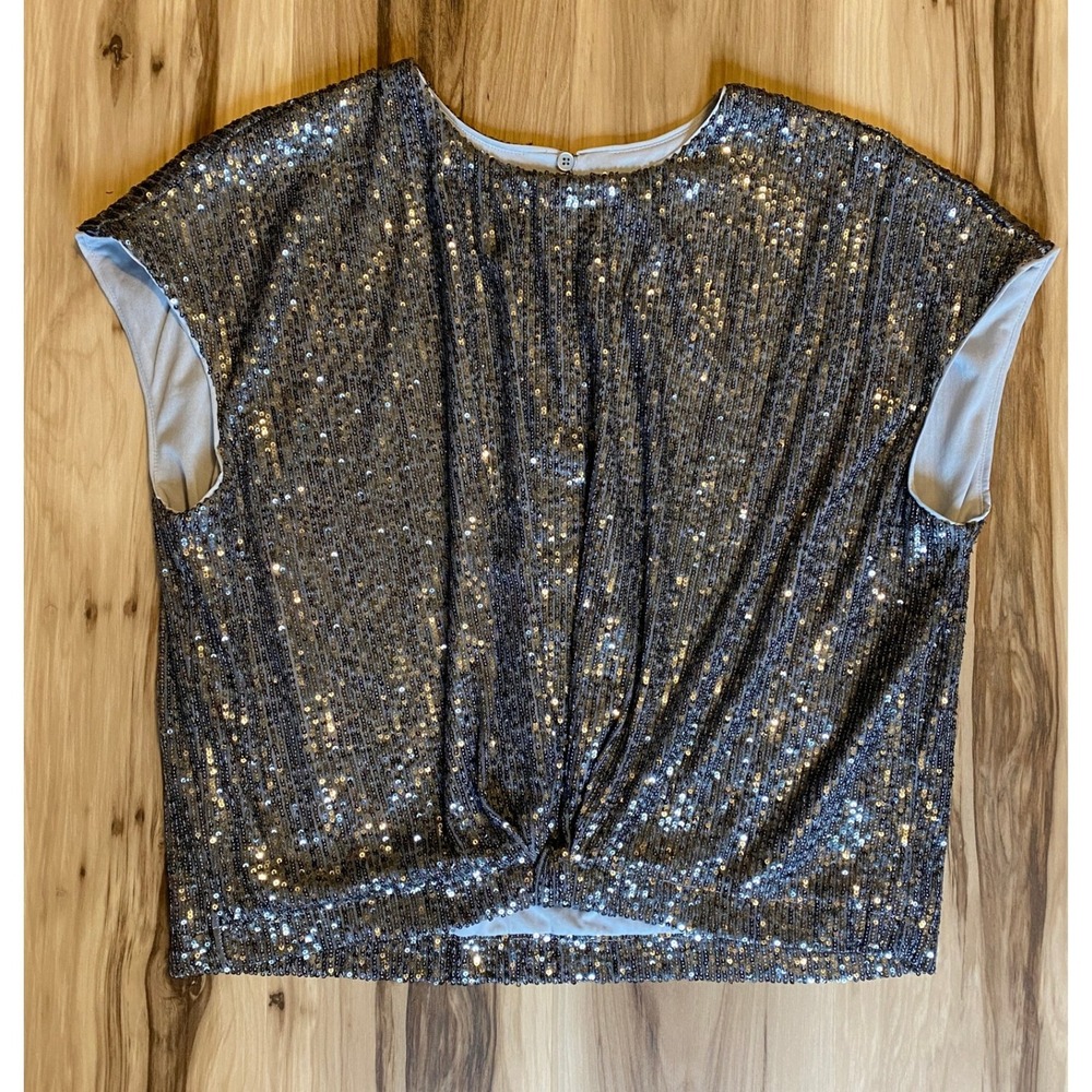 LOFT Womens XL Silver Sequin Twist Front Cap Sleeve Party Blouse Top Grey